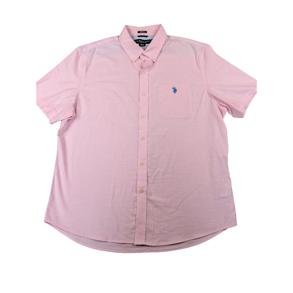 US Polo Assn Mens XL Pink Short Sleeve Button Down Shirt Stretch Modern Fit Logo